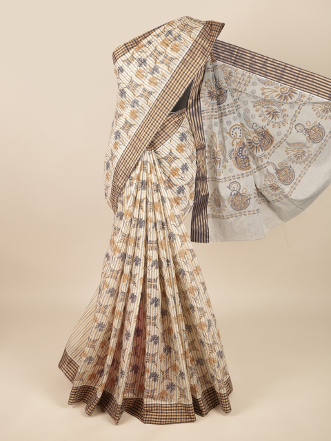 

Pothys Cream-Coloured & Blue Ethnic Motifs Pure Cotton Saree