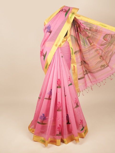 

Pothys Pink & Green Floral Zari Pure Cotton Saree