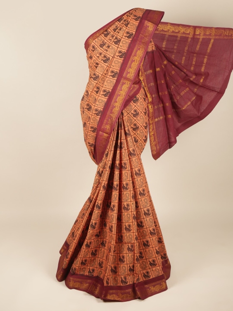 

Pothys Peach-Coloured & Brown Ethnic Motifs Zari Pure Cotton Saree