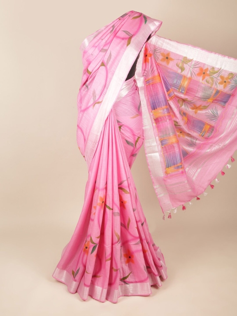 

Pothys Pink & Silver-Toned Floral Zari Pure Cotton Saree