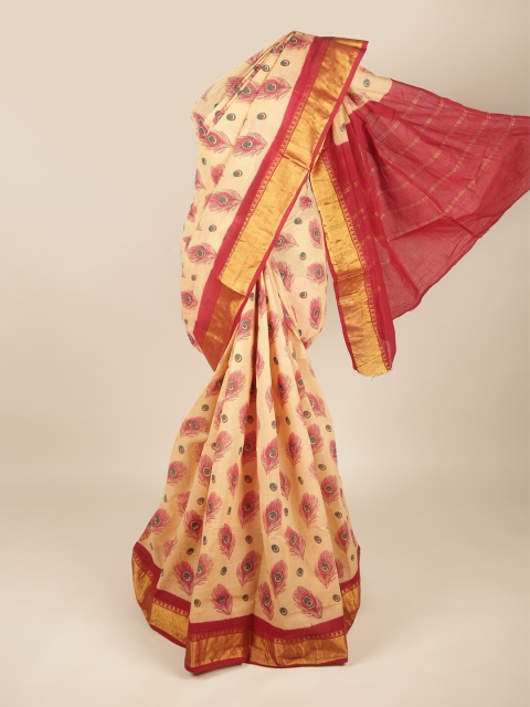 

Pothys Cream-Coloured & Magenta Ethnic Motifs Pure Cotton Saree