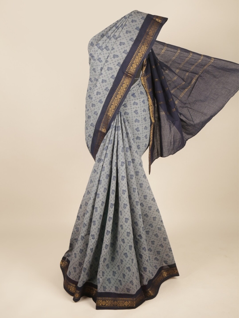 

Pothys Grey & Navy Blue Ethnic Motifs Zari Pure Cotton Saree