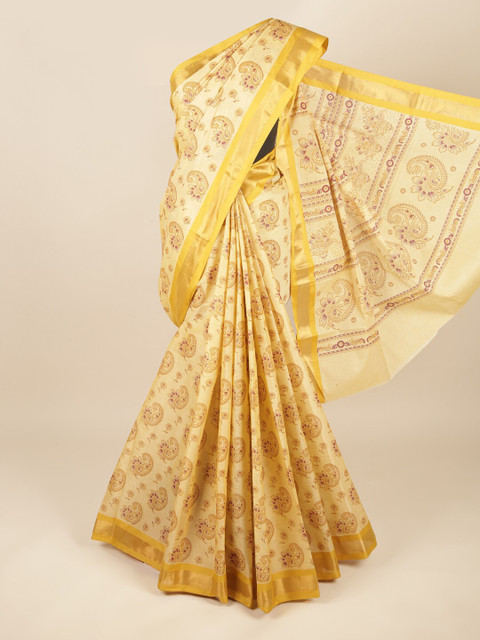 

Pothys Cream-Coloured & Gold-Toned Paisley Pure Cotton Saree