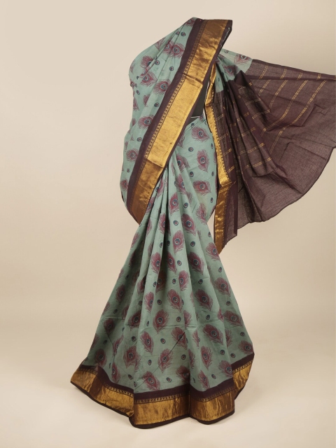 

Pothys Green & Brown Ethnic Motifs Zari Pure Cotton Saree