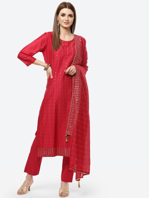 

Meena Bazaar Fuchsia & Gold-Toned Embroidered Unstitched Dress Material