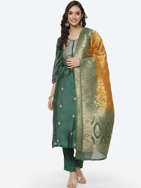 

Meena Bazaar Green & Gold-Toned Unstitched Dress Material