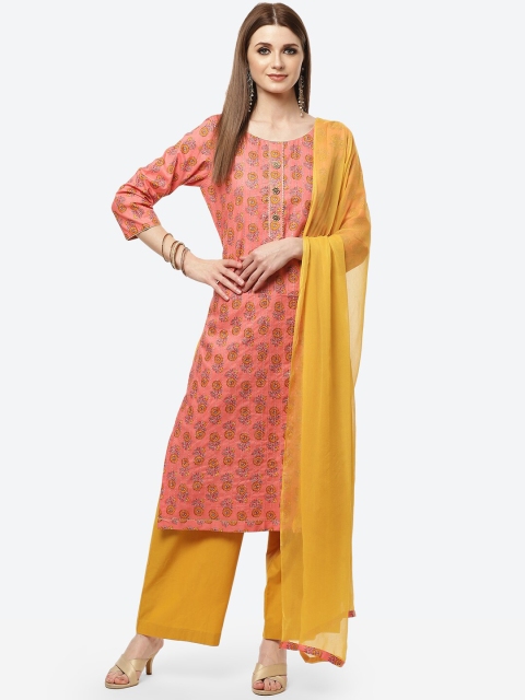 

Meena Bazaar Pink & Mustard Printed Pure Cotton Unstitched Dress Material