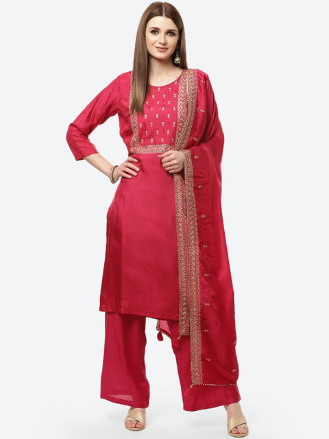 

Meena Bazaar Magenta & Gold-Toned Embroidered Dupion Silk Unstitched Dress Material