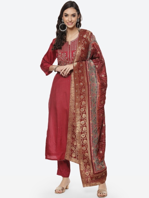 

Meena Bazaar Maroon & Gold-Toned Embroidered Dupion Silk Unstitched Dress Material