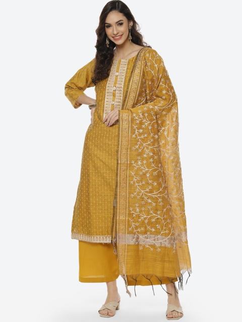 

Meena Bazaar Mustard & Gold-Toned Embroidered Unstitched Dress Material