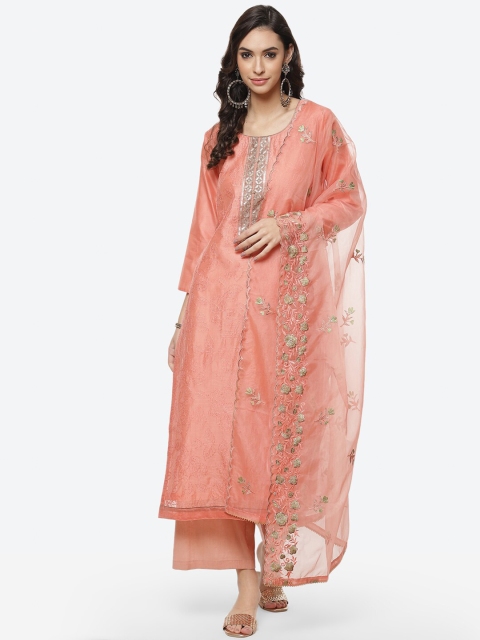 

Meena Bazaar Peach-Coloured & Green Embroidered Unstitched Dress Material