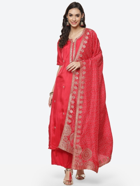

Meena Bazaar Red & Gold-Coloured Embroidered Dupion Silk Unstitched Dress Material