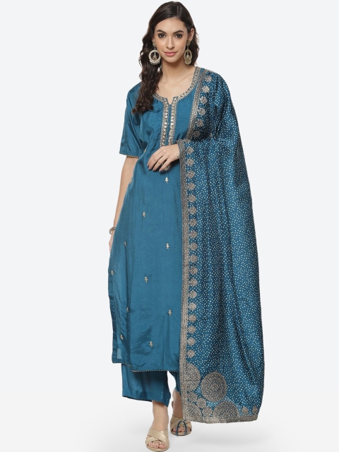 

Meena Bazaar Blue & Gold-Toned Embroidered Dupion Silk Unstitched Dress Material