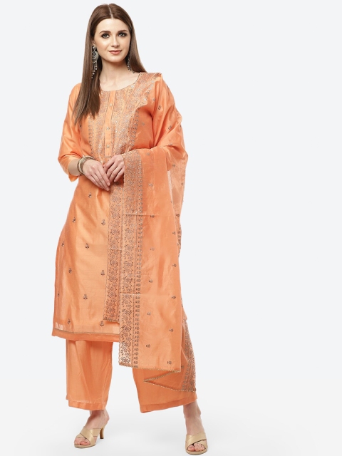

Meena Bazaar Peach-Coloured & Gold-Toned Embroidered Unstitched Dress Material