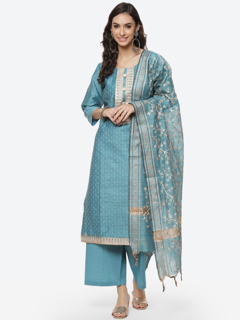 

Meena Bazaar Turquoise Blue & Beige Embroidered Unstitched Dress Material