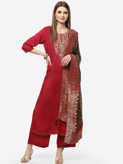 

Meena Bazaar Maroon & Gold-Toned Embroidered Dupion Silk Unstitched Dress Material