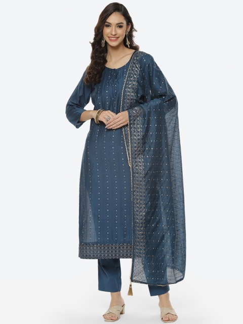 

Meena Bazaar Navy Blue & Gold-Toned Embellished Unstitched Dress Material