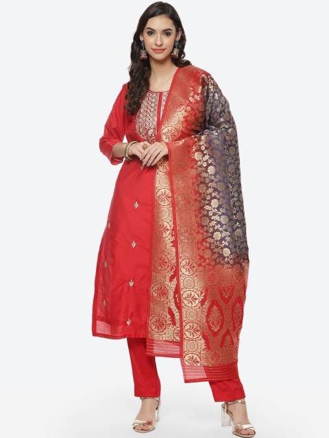 

Meena Bazaar Red & Grey Unstitched Dress Material