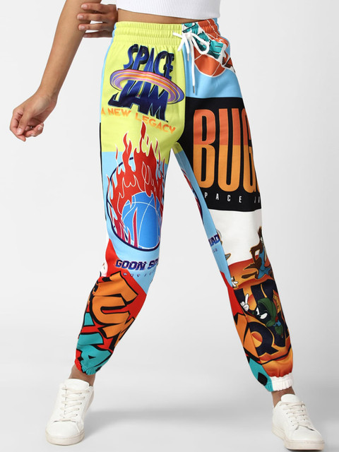 

FOREVER 21 Women Blue & Yellow Looney Tunes Printed Joggers Trousers
