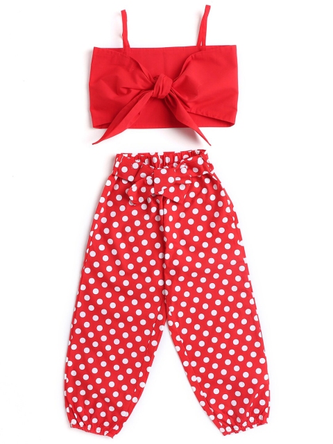 

Hopscotch Girls Red & White Polka Dot Printed Pure Cotton Crop Top With Trousers