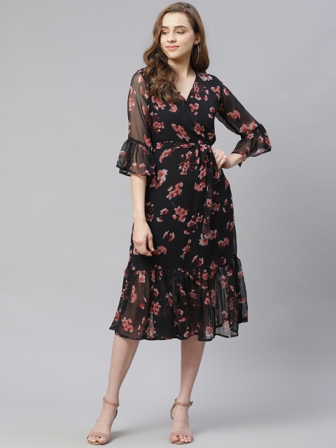 

Sasimo Women Black & Red Floral Midi Wrap Dress