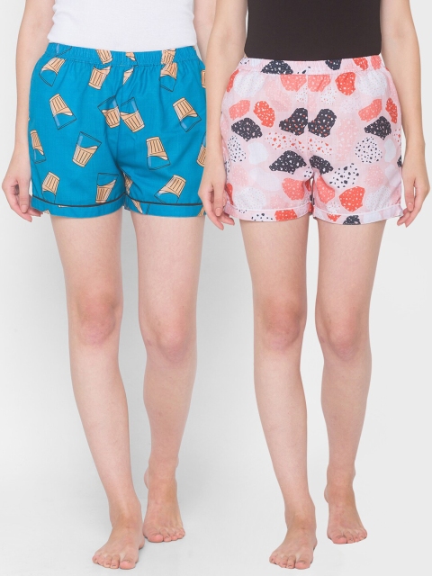 

FashionRack Women Pink & Blue Pack of 2 Printed Lounge Shorts