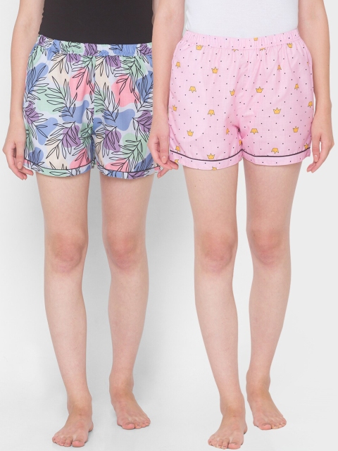 

FashionRack Women Pack of 2 Pink & Blue Cotton Printed Lounge Shorts