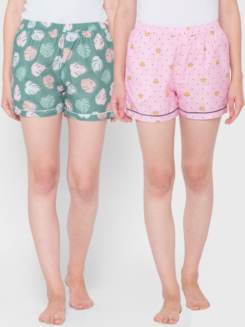 

FashionRack Women Pink & Green Pack of 2 Printed Lounge Shorts