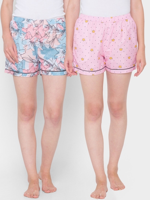 

FashionRack Set Of 2 Women Pink & Blue Printed Lounge Shorts