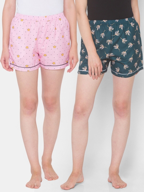 

FashionRack Women Pack Of 2 Pink & Teal Printed Cotton Lounge Shorts