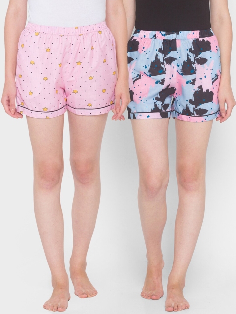 

FashionRack Women Pack Of 2 Pink & Blue Printed Lounge Shorts