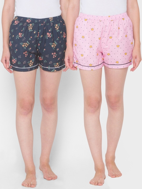 

FashionRack Women Pack of 2 Pink & Blue Cotton Printed Lounge Shorts