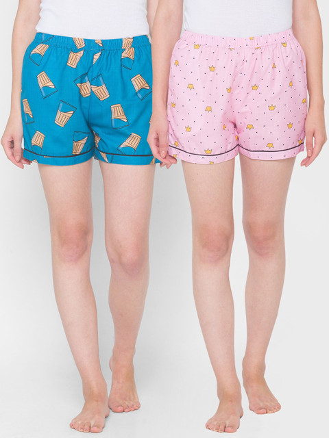 

FashionRack Women Pink & Blue Set Of 2 Printed Lounge Shorts