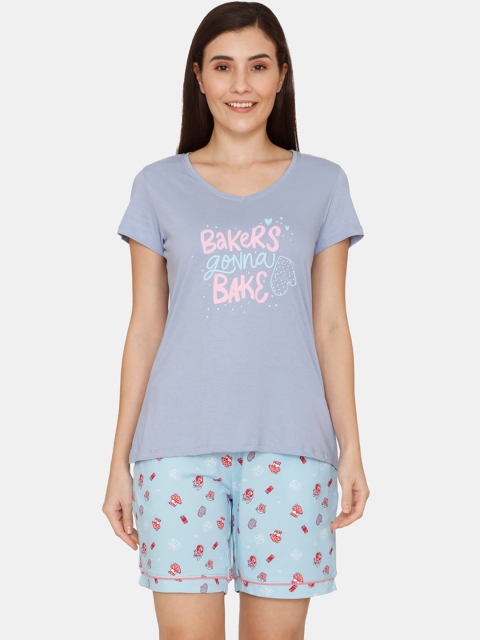 

Zivame Women Blue & Pink Printed Night suit