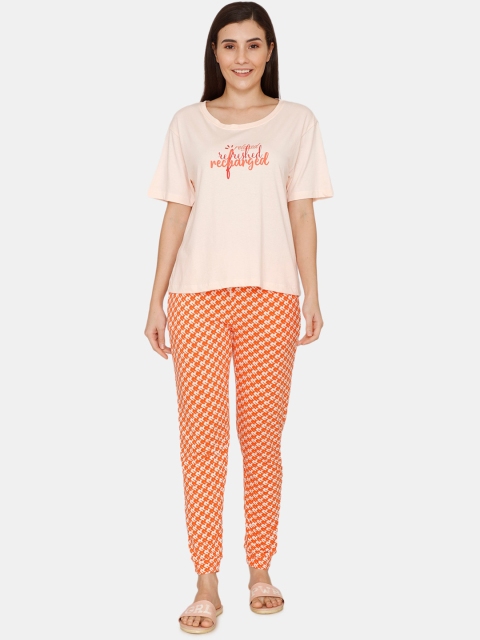 

Zivame Women Orange & Pink Printed Pure Cotton Night suit