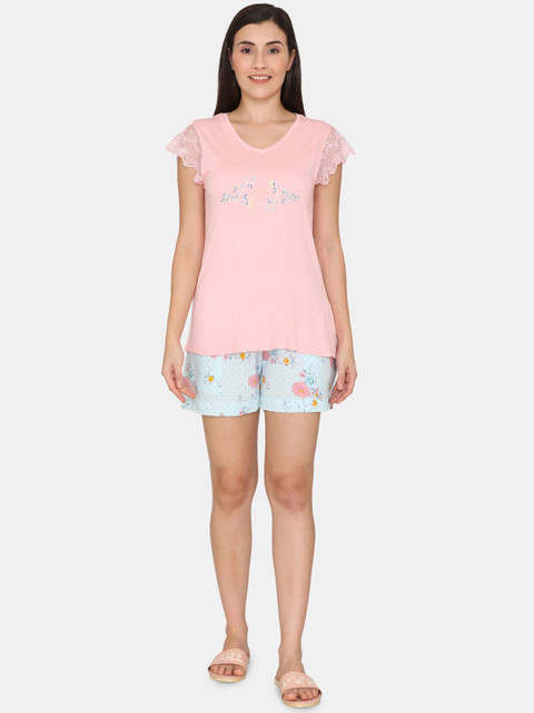 

Zivame Women Pink & Blue Printed Night suit