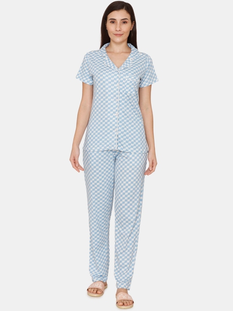 

Zivame Women Blue & White Printed Pure Cotton Night suit