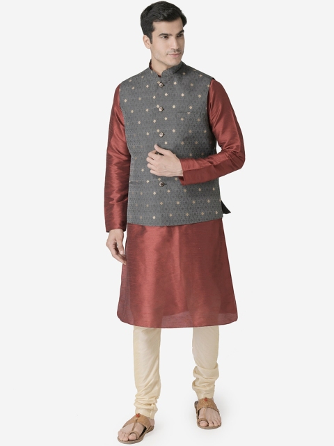 

TABARD Men Maroon Ethnic Motifs Dupion Silk Kurta with Churidar & Nehru Jacket