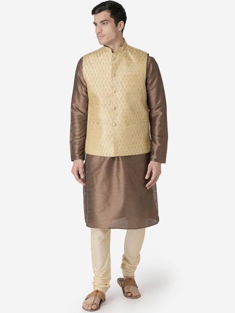 

TABARD Men Brown Dupion Silk Kurta with Churidar & Nehru Jacket