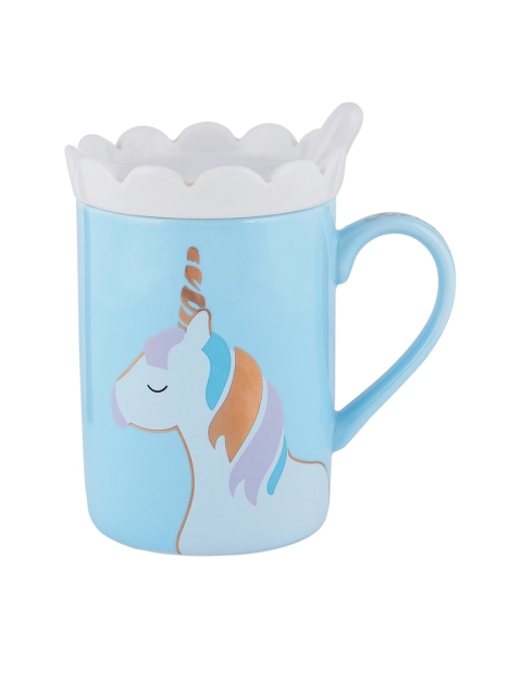 

BonZeaL Blue & White Printed Ceramic Coffee Mug With Lid & Spoon 350 ml