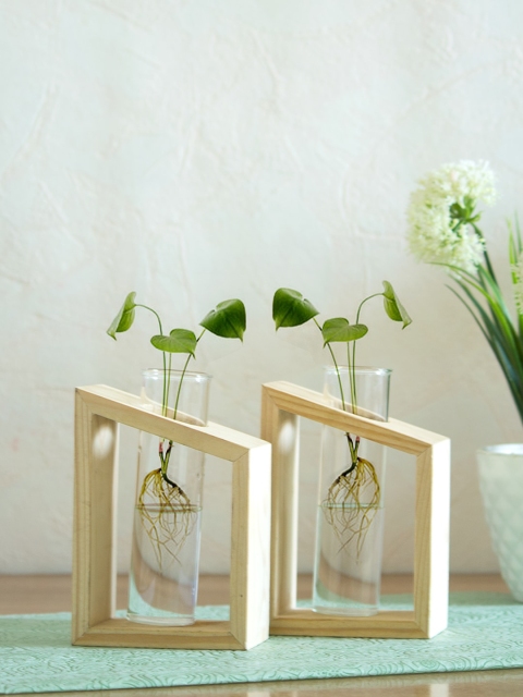 

WISHTANK Set Of 2 Beige & Transparent Test Tube Planter with Wood Stand