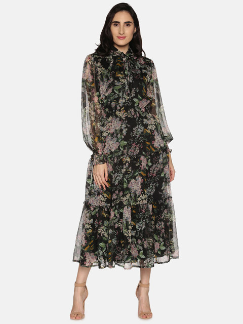 

ISU Black & Beige Floral Tie-Up Neck A-Line Dress