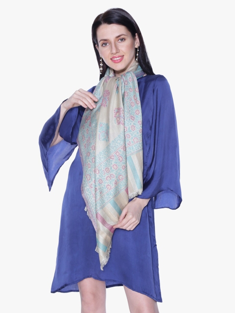 

Scarves & Glitters Women Off White & Turquoise Blue Woven Design Stole