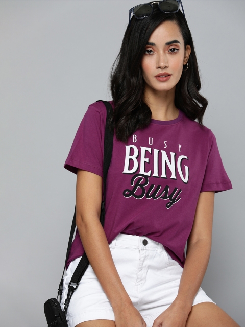 

Flying Machine Women Purple & White Typography Pure Cotton Printed T-shirt