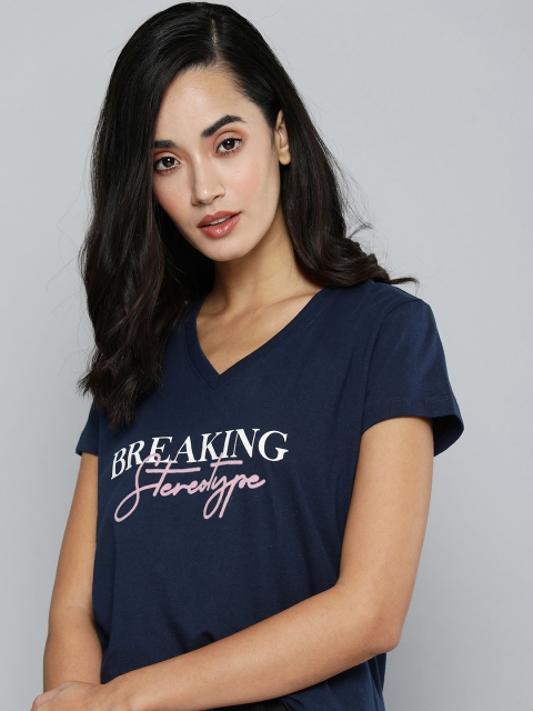 

Flying Machine Women Navy Blue & White Typography Printed Pure Cotton V-Neck T-shirt