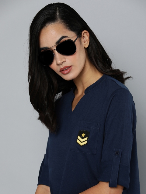 

Flying Machine Women Navy Blue Mandarin Collar Roll-Up Sleeves Pure Cotton T-shirt