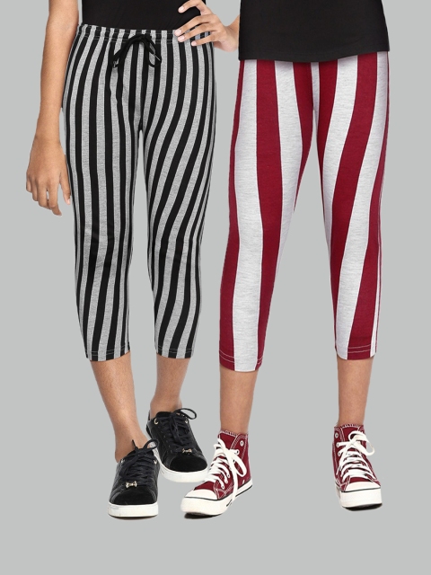 

SEYBIL Girls Pack of 2 Grey & White Striped Cotton Capris