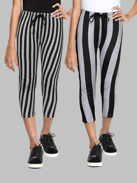 

SEYBIL Girls Charcoal Grey & Blue Striped Capris