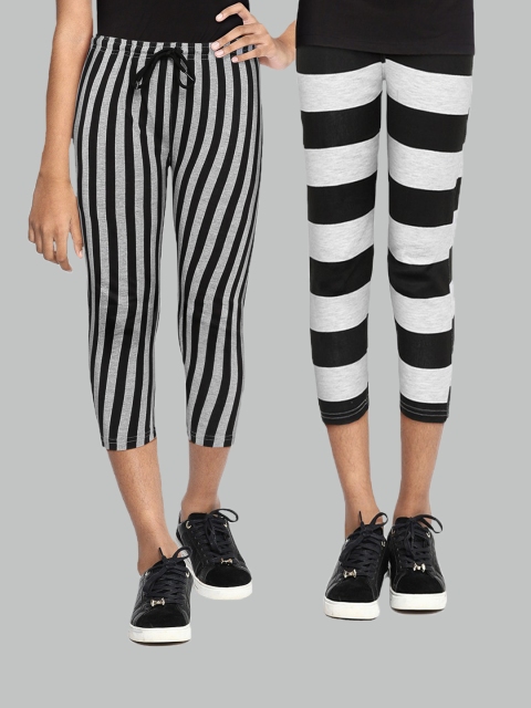 

SEYBIL Girls Grey Melange & Black Striped Capris