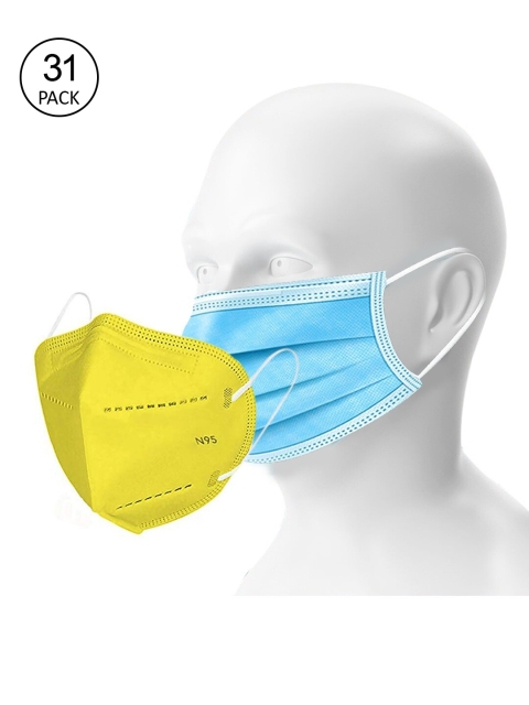 

OOMPH Unisex Pack Of 31 Solid 5-Ply Outdoor Anti-Pollution Reusable N95 & Disposable Masks, Blue